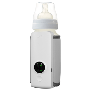 A baby bottle with a built-in digital thermometer and warmer. The display shows a temperature reading in green digits.