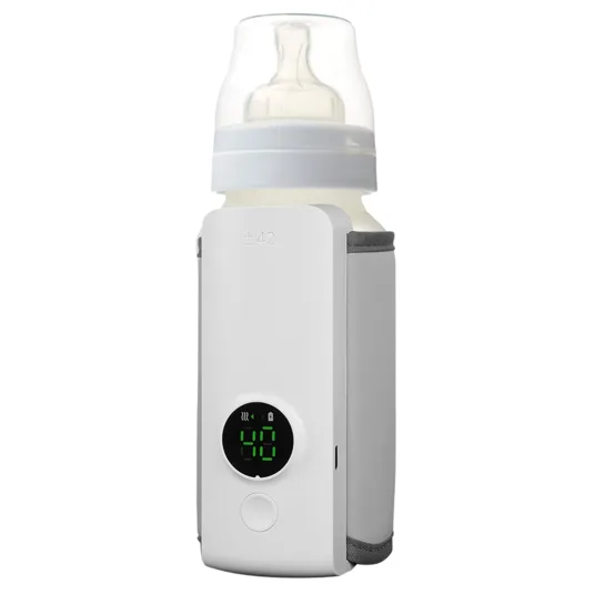 A baby bottle with a built-in digital thermometer and warmer. The display shows a temperature reading in green digits.