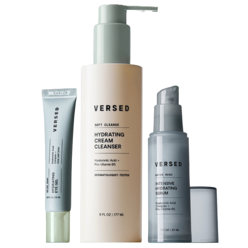 Versed Hydration Essentials Set includes a Hydrating Cream Cleanser (6 fl oz), Intensive Hydrating Serum (1 fl oz), and Hydrating Eye Gel (0.5 fl oz), all featuring hyaluronic acid and pro-vitamin B5 to support skin hydration.