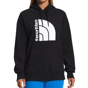 Black hoodie with \“The North Face\“ logo in large white print, featuring a front kangaroo pocket and drawstring hood, paired with bright blue pants.