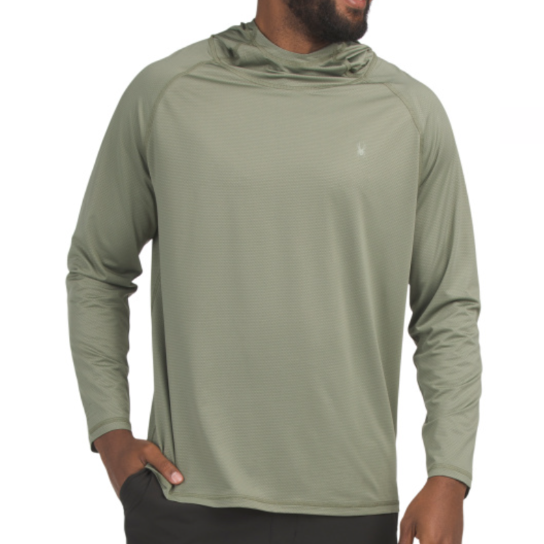 Green long-sleeve sun shirt with a hood, featuring a UPF 50 rating and a subtle waffle texture. Designed for sun protection.