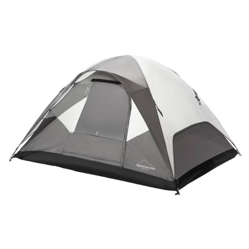 A gray and white dome camping tent with a mesh window and door.
