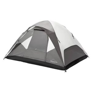 A gray and white dome camping tent with a mesh window and door.