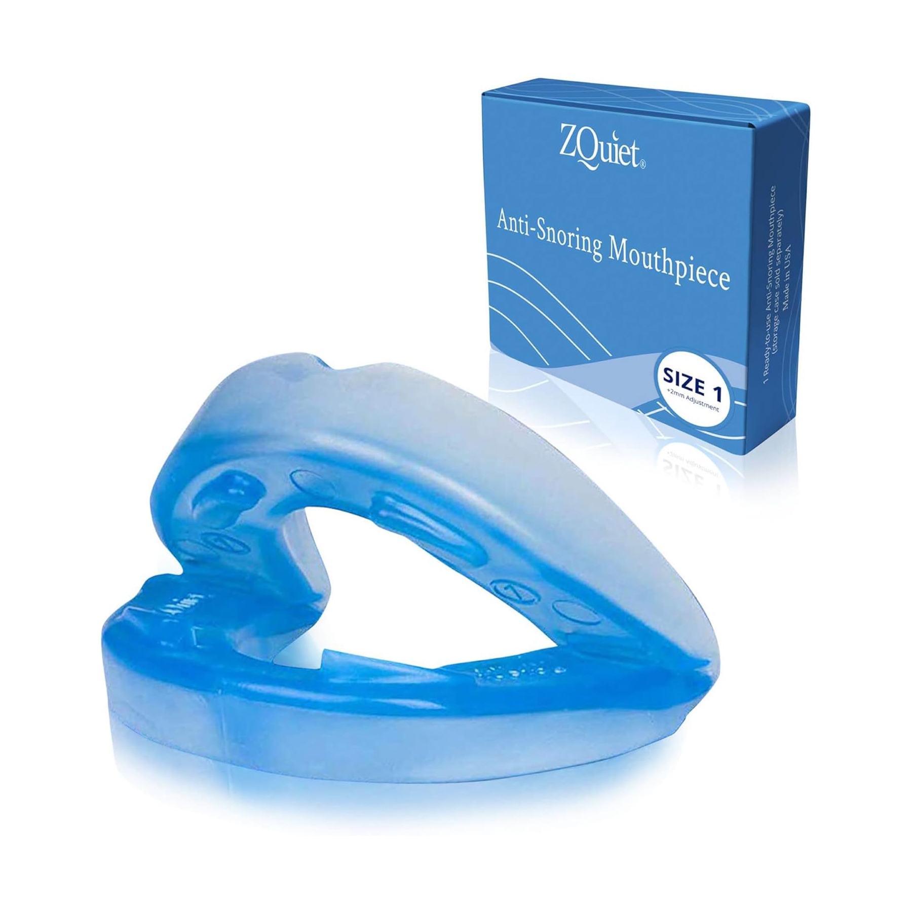 Blue ZQuiet Anti-Snoring Mouthpiece with a box labeled \“Size 1,\“ designed to help reduce snoring by repositioning the jaw for improved airflow.