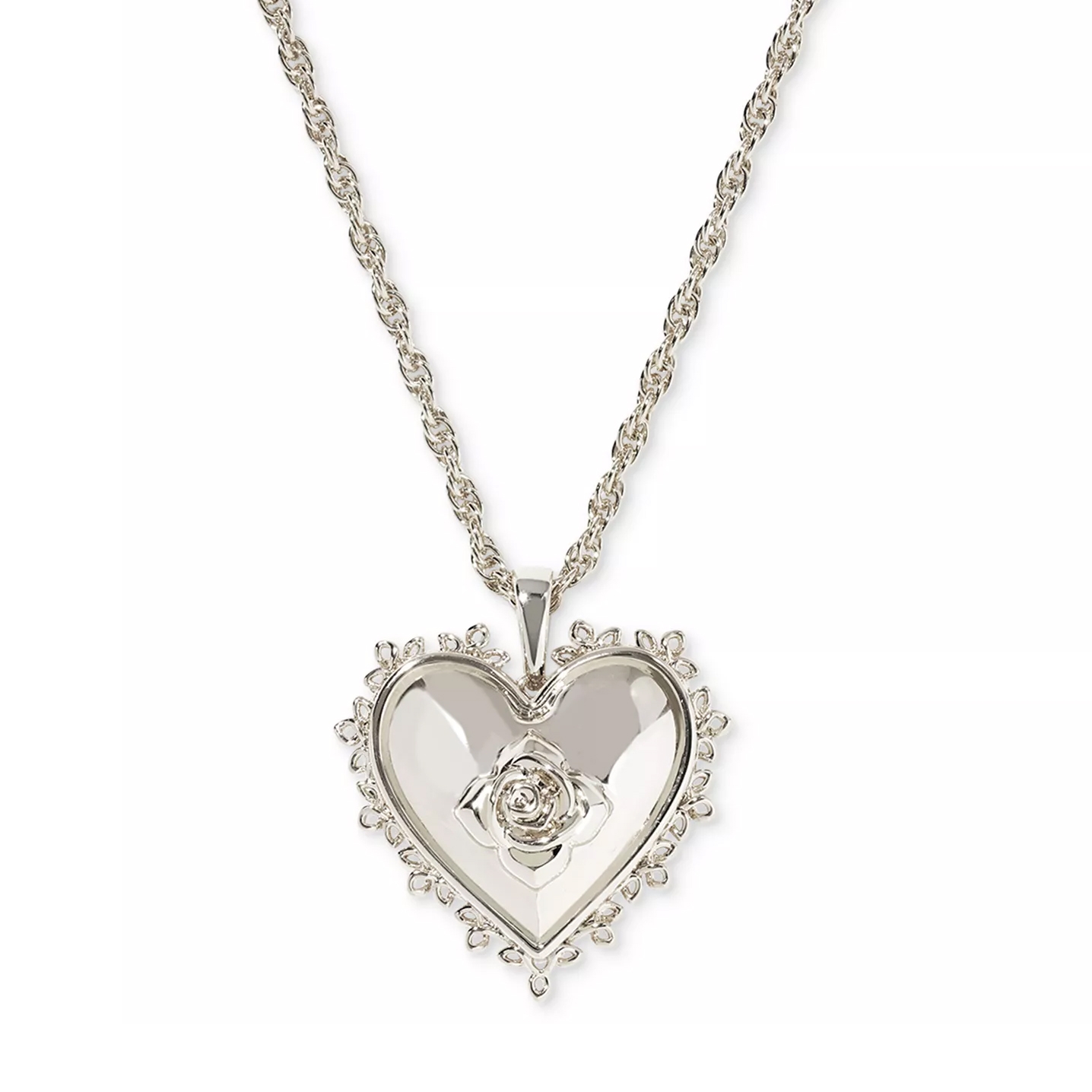 Silver heart-shaped pendant with a rose design in the center, surrounded by a decorative border, hanging from a twisted rope chain.