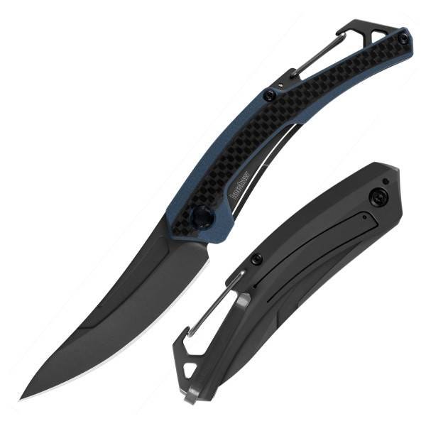 Folding knife with a sleek black blade and a blue and carbon fiber handle, featuring a carabiner clip and closed compact form.
