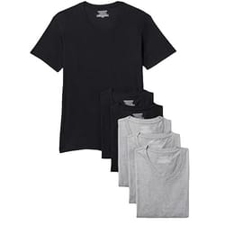 A set of five V-neck T-shirts in black and gray colors.