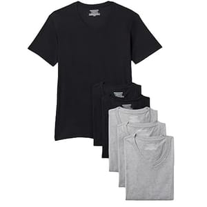 A set of five V-neck T-shirts in black and gray colors.