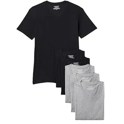 A set of five V-neck T-shirts in black and gray colors.