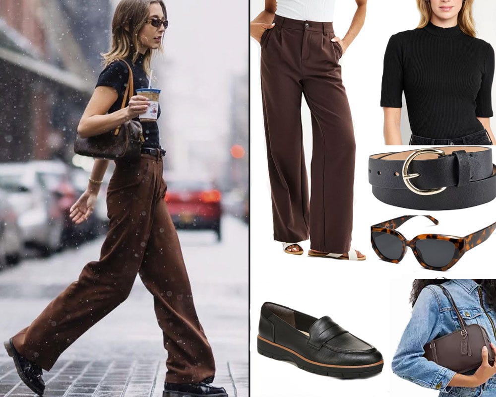 a picture of Emma Chamberlain crossing the street wearing brown trousers, a black tee shirt, and penny loafers besides a recreation of her outfit for less money