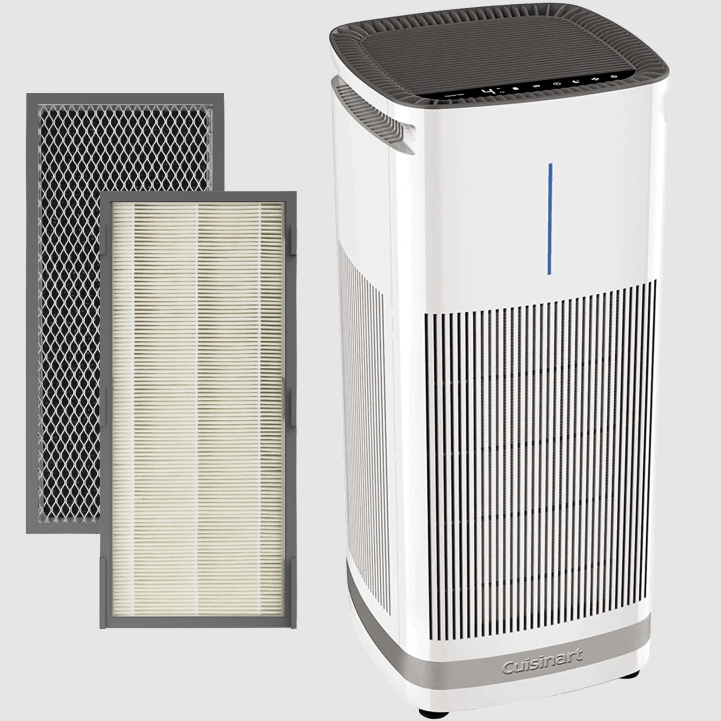 An air purifier with two filters displayed alongside it.