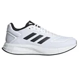 White Adidas running shoe featuring black stripes and a cushioned sole.