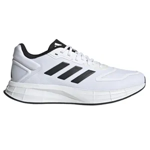 White Adidas running shoe featuring black stripes and a cushioned sole.