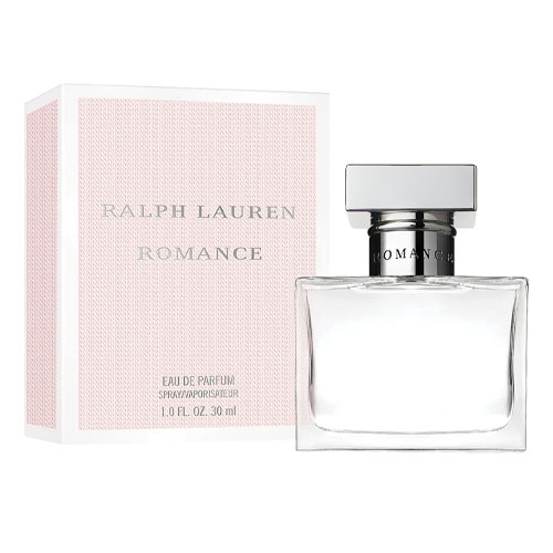 Ralph Lauren Romance Eau de Parfum Spray, 1.0 fl oz (30 ml), features a clear rectangular bottle with a silver cap and comes in a light pink textured box.