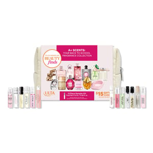 A 13-piece sampler kit titled \“A+ Scents: Your Back to School Fragrance Collection\“ from Ulta Beauty includes various perfume vials and a $15 gift card, housed in a white pouch.