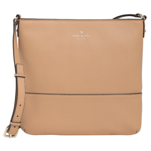 A beige leather crossbody bag with a pebbled texture, featuring the brand \“kate spade\“ embossed on the front in small lettering, and an adjustable strap with gold-tone hardware.