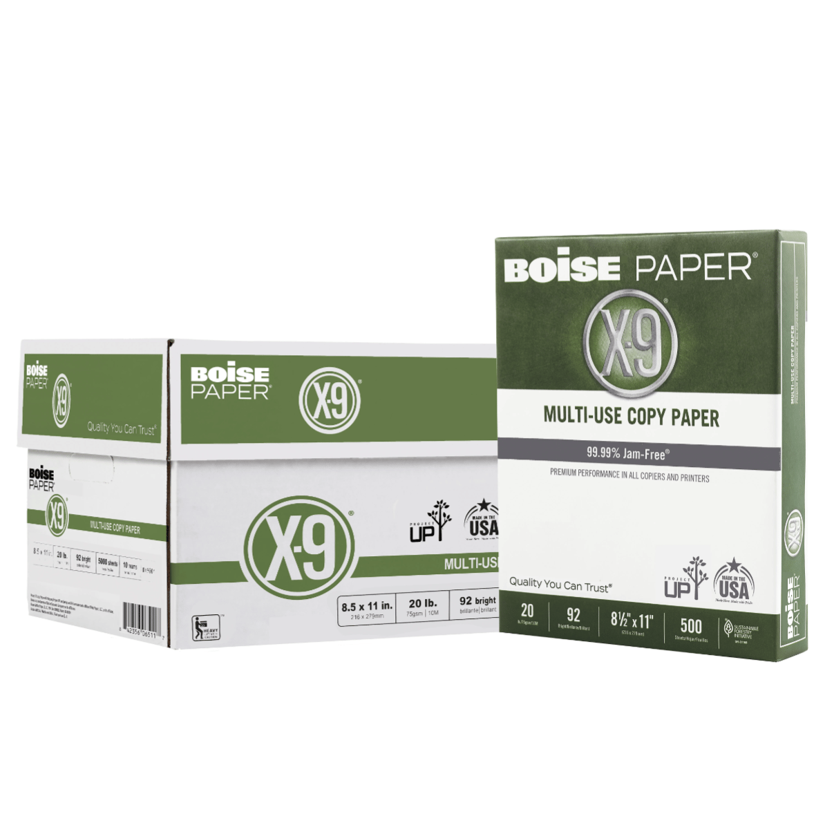 Boise Paper X-9 Multi-Use Copy Paper, 8.5x11 inches, 20 lb, 92 brightness, 500 sheets per ream, 10 reams per box.