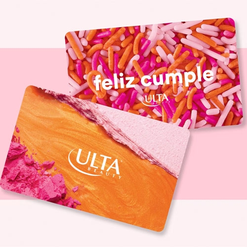 Two gift cards from Ulta Beauty, one with sprinkles and the other with a pink and orange design, both with text.