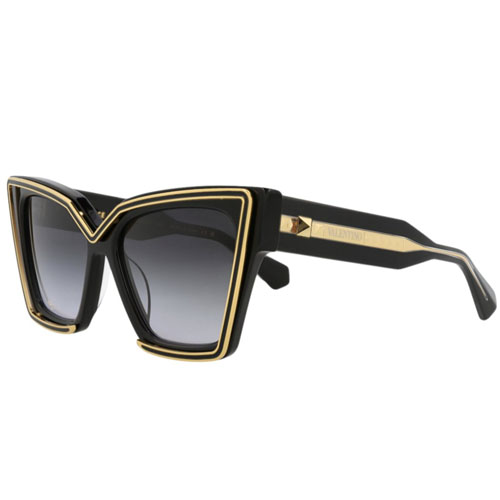 Black and gold square-framed sunglasses with a V-shaped top accent and gradient lenses.