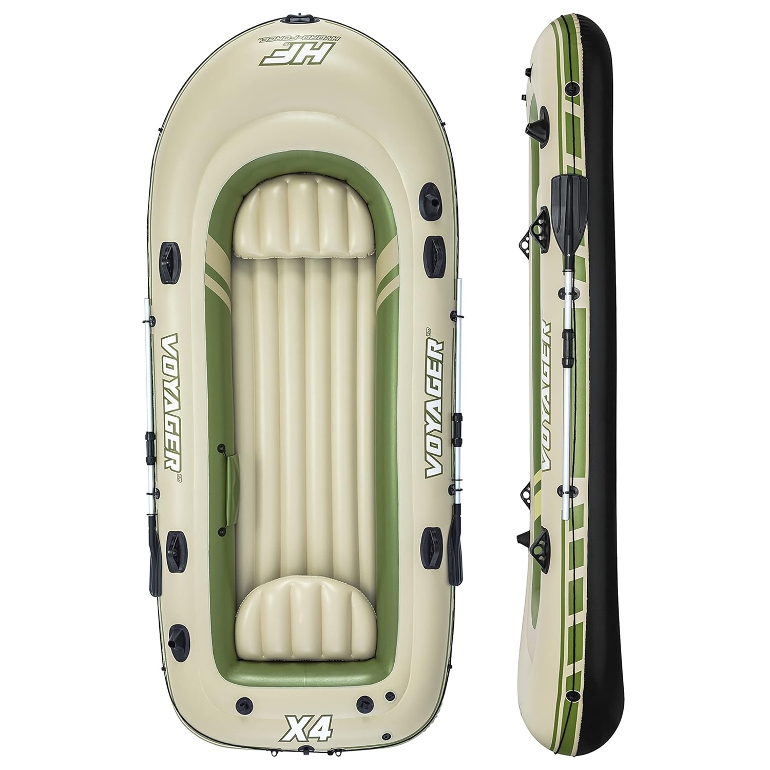 The Bestway Hydro-Force Voyager X4 Inflatable Raft Set is a beige and green boat designed for up to four people, featuring sturdy handles, oarlocks, and inflatable seats, ideal for recreational water activities.