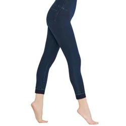 A pair of dark blue jeggings with a high-waisted fit, featuring denim-like appearance and a back pocket detail, shown in a side view.