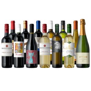 Assorted wine bottles including Ravelston Cellars Cabernet Sauvignon and White Blend, Amigos Tinto, Cattoo, Aguila, San Cisalito Falanghina, and Atico Blanc de Blancs Brut.