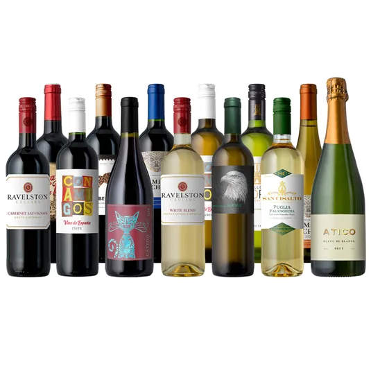 Assorted wine bottles including Ravelston Cellars Cabernet Sauvignon and White Blend, Amigos Tinto, Cattoo, Aguila, San Cisalito Falanghina, and Atico Blanc de Blancs Brut.