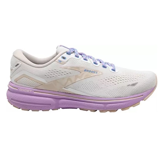 A white and purple running shoe with the Brooks logo visible.