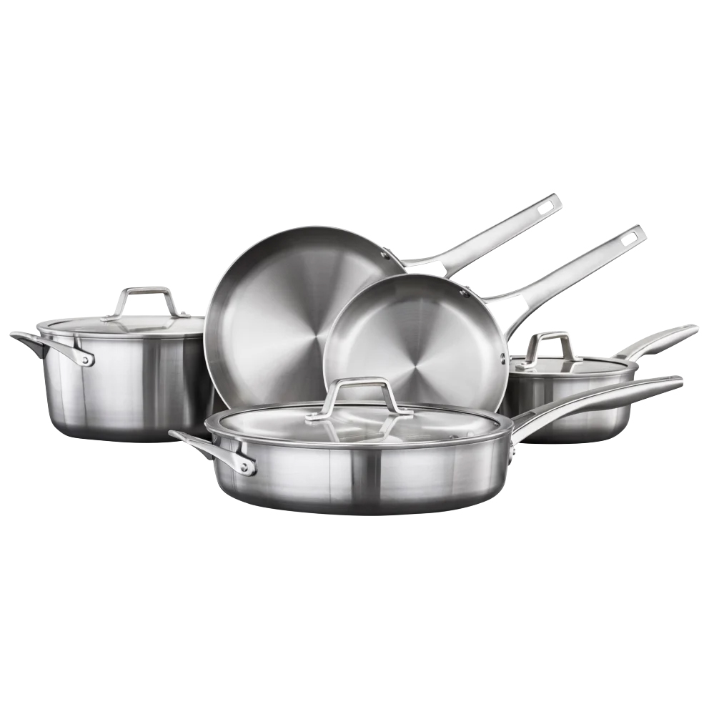 The 8pc Calphalon Cookware Set includes two frying pans, a saucepan with lid, a sauté pan with lid, and a stockpot with lid, all made from stainless steel with long handles and glass lids.