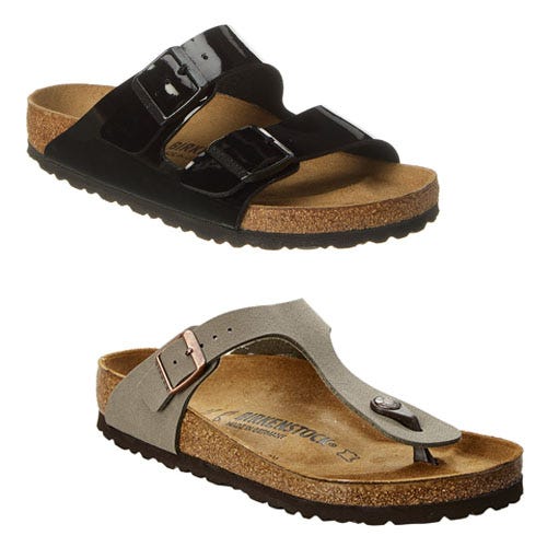Two different styles of sandals with cork footbeds; one has a single black strap, the other has a beige toe loop and strap.