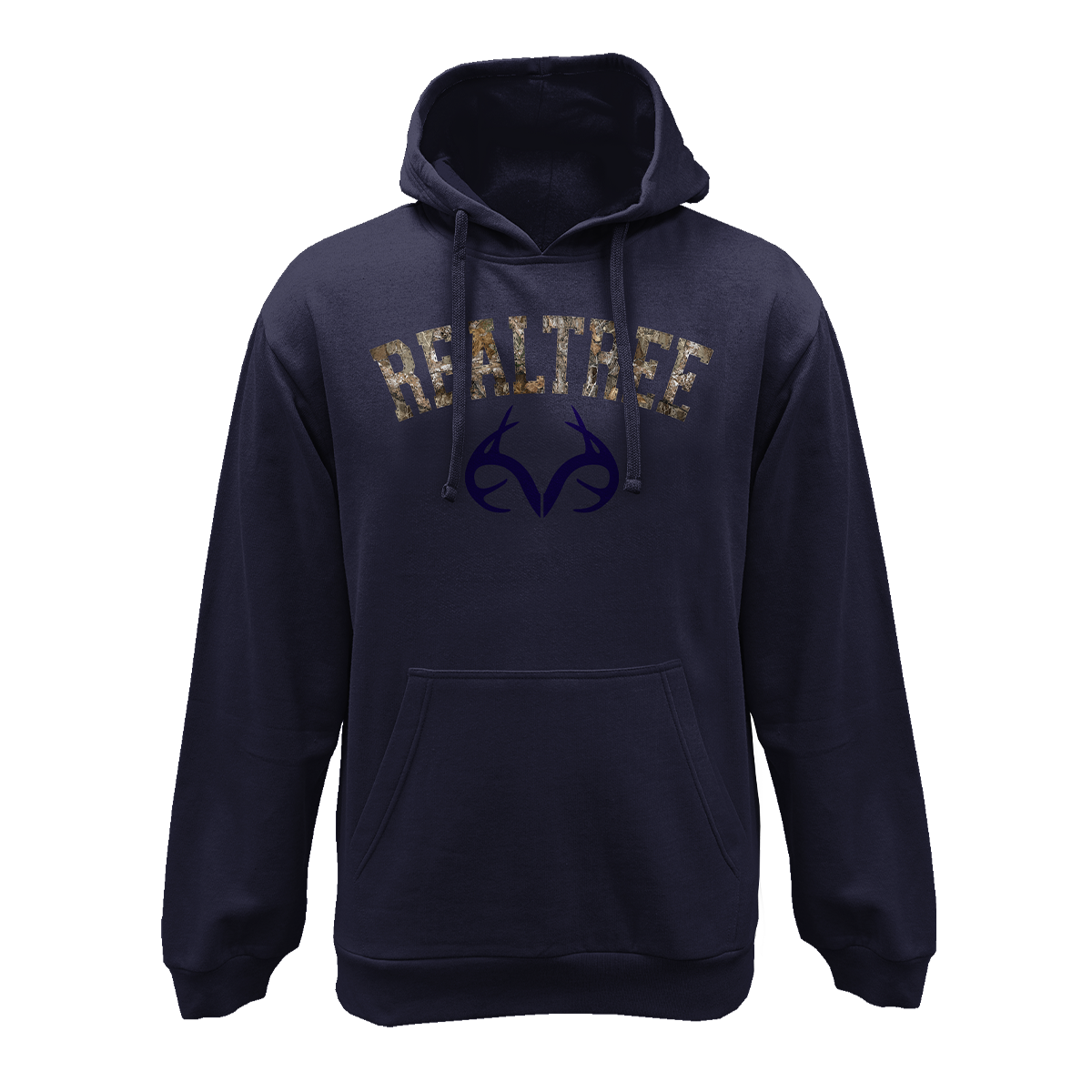 Navy blue midweight fleece hoodie featuring the word \“Realtree\“ and a stylized antler logo on the front. Includes a front pouch pocket and drawstring hood.