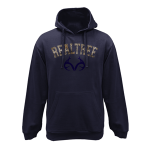 Navy blue midweight fleece hoodie featuring the word \“Realtree\“ and a stylized antler logo on the front. Includes a front pouch pocket and drawstring hood.