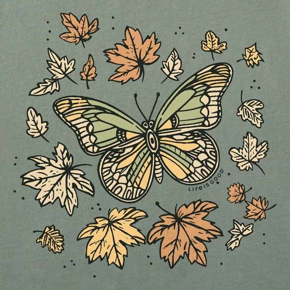 A stylized illustration of a butterfly surrounded by autumn leaves on a green background.