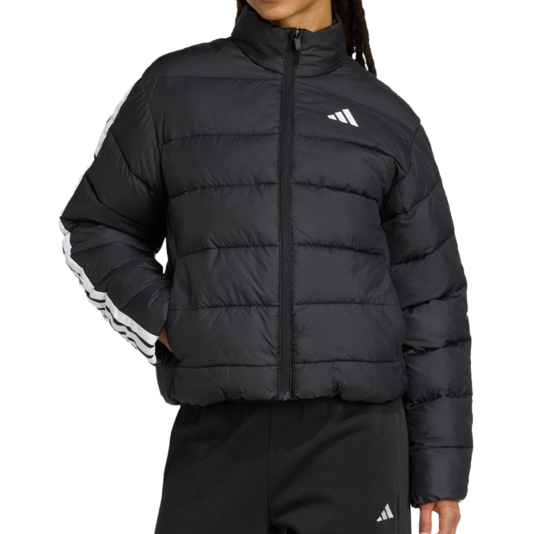 A black puffer jacket with a high collar and horizontal quilting, featuring a logo on the chest and three white stripes down the sleeves. Paired with matching black pants.