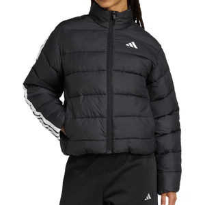 A black puffer jacket with a high collar and horizontal quilting, featuring a logo on the chest and three white stripes down the sleeves. Paired with matching black pants.