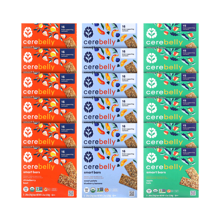 Varieties of Cerebelly smart bars in strawberry beet, sweet potato blueberry banana, and apple kale flavors.