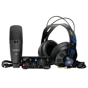 PreSonus AudioBox Go Creator Bundle includes a condenser microphone (M7), an audio interface (AudioBox Go), and over-ear headphones (HD7), ideal for recording and monitoring audio.