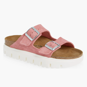 A pair of pink suede sandals with two adjustable straps and a chunky white sole.