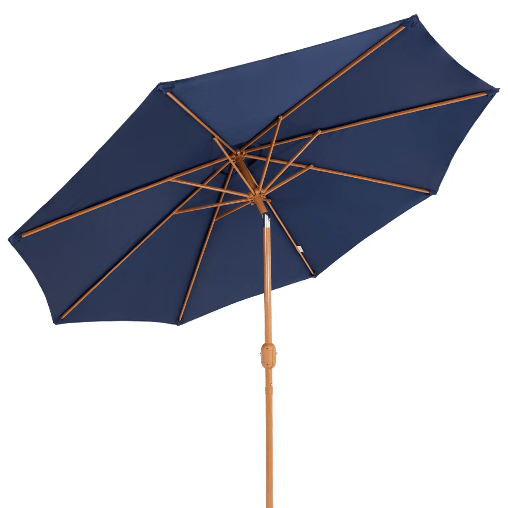 A blue patio umbrella with a wooden frame and a crank handle for adjusting height or angle.