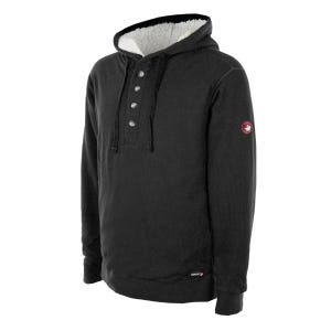 Black hooded sweatshirt with button placket and sherpa lining, featuring a small red and white logo on the sleeve.
