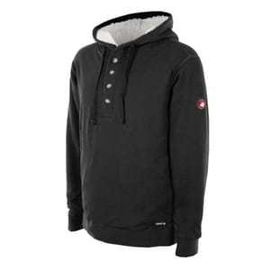 Black hooded sweatshirt with button placket and sherpa lining, featuring a small red and white logo on the sleeve.