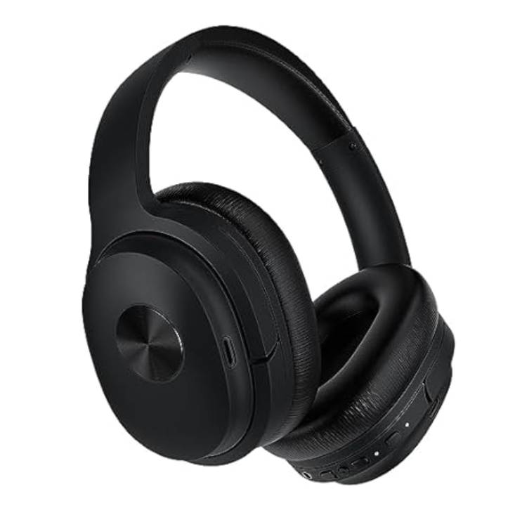 Black over-ear wireless headphones with padded ear cups and a headband.