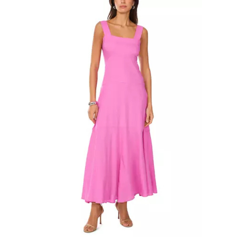 A sleeveless pink dress with a square neckline and fitted bodice, featuring a flared, paneled skirt that reaches the ankles.