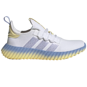 White Adidas Kaptir Flow shoes with a lace-up design, distinctive ribbed sole in a gradient of pale yellow to white, and a pull-tab on the heel.