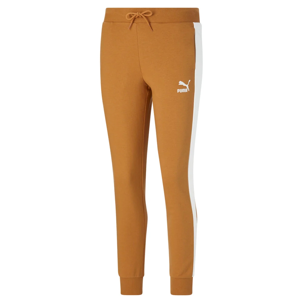 Puma Women's Iconic T7 Drawstring Pants in tan with white side stripes, feature a ribbed waistband with a drawstring, and are made of a soft material for comfort.