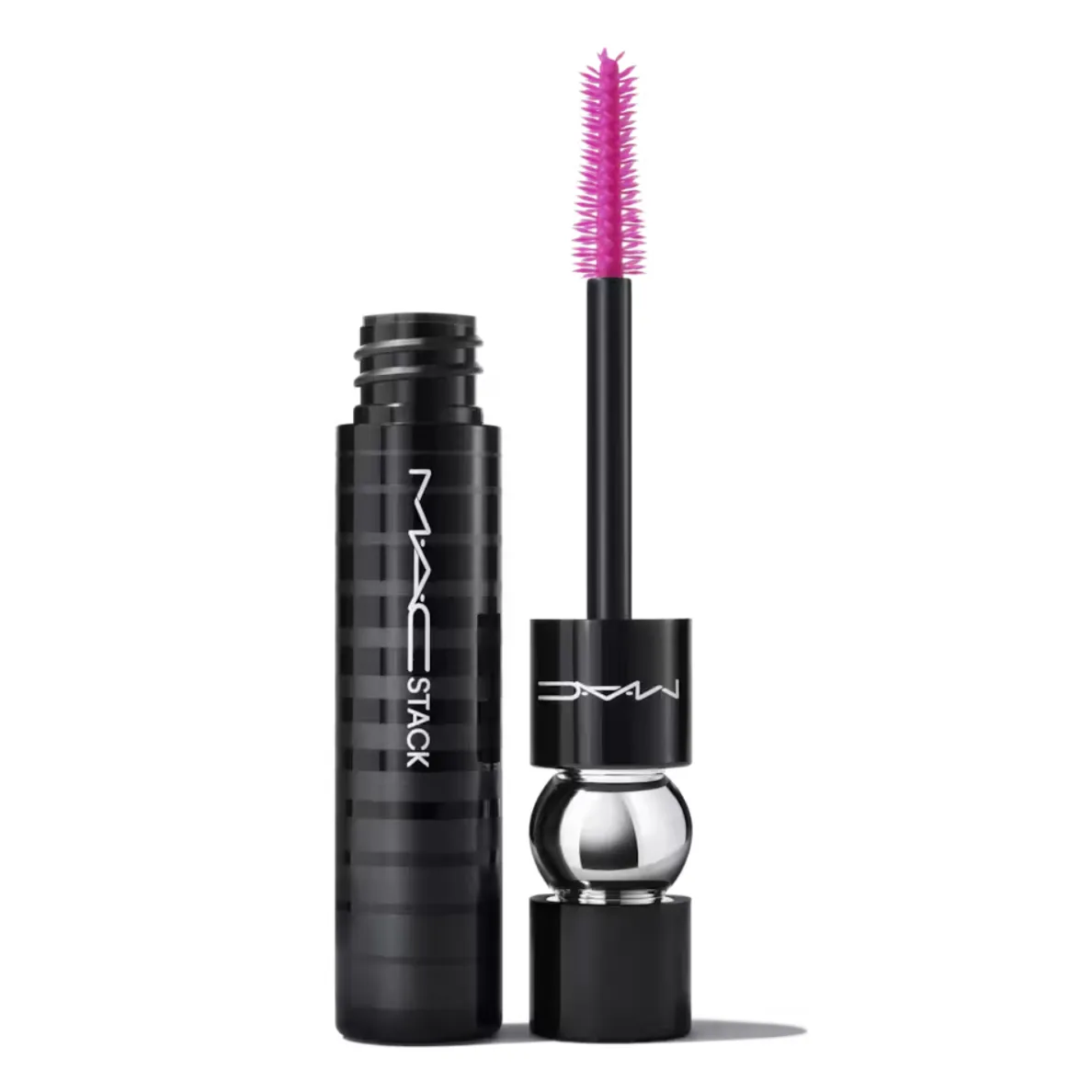 A black mascara tube with a pink wand applicator displaying the MAC logo is shown alongside its cap.