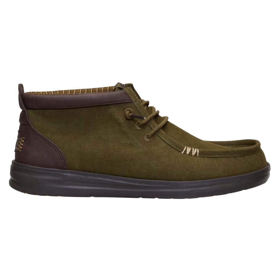 Olive green and brown mid-high casual shoe with stitching details, lace-up closure, and cushioned sole.