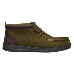 Olive green and brown mid-high casual shoe with stitching details, lace-up closure, and cushioned sole.