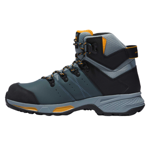 A high-top hiking boot in dark blue and black with orange accents, featuring a sturdy outsole and lace-up closure for outdoor use.