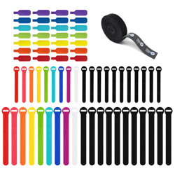 Various colorful and black hook-and-loop cable ties are displayed alongside a roll of black hook-and-loop tape.